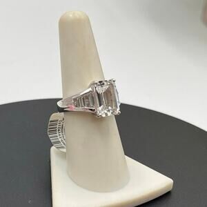 Designer Emerald Cut Lab Created White Sapphire Sterling Silver Ring Sz 7 1/4